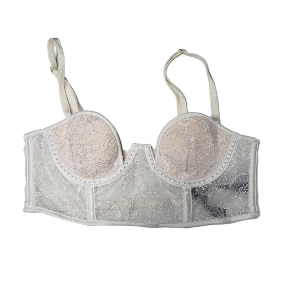 Victoria's Secret Longline Balconet Bra Sz 32B White Lace Padded Underwire